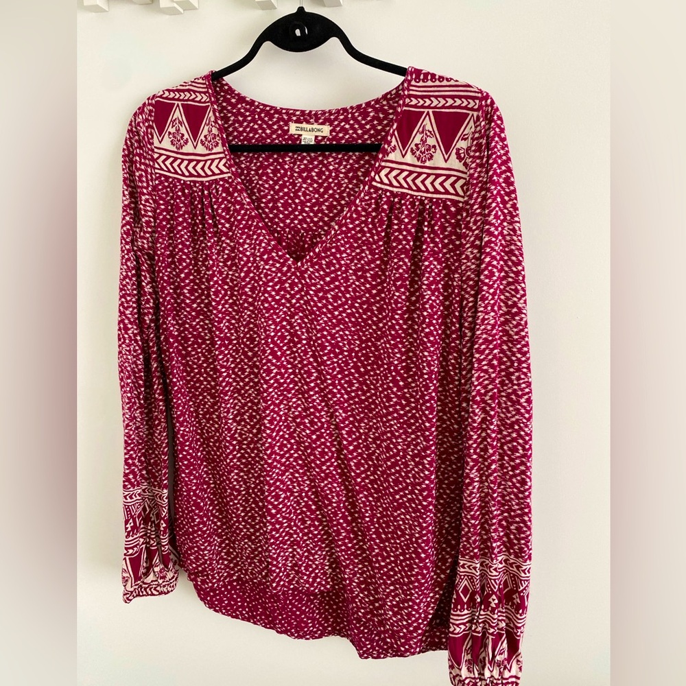Boho Billabong dark raspberry red long sleeve blouse